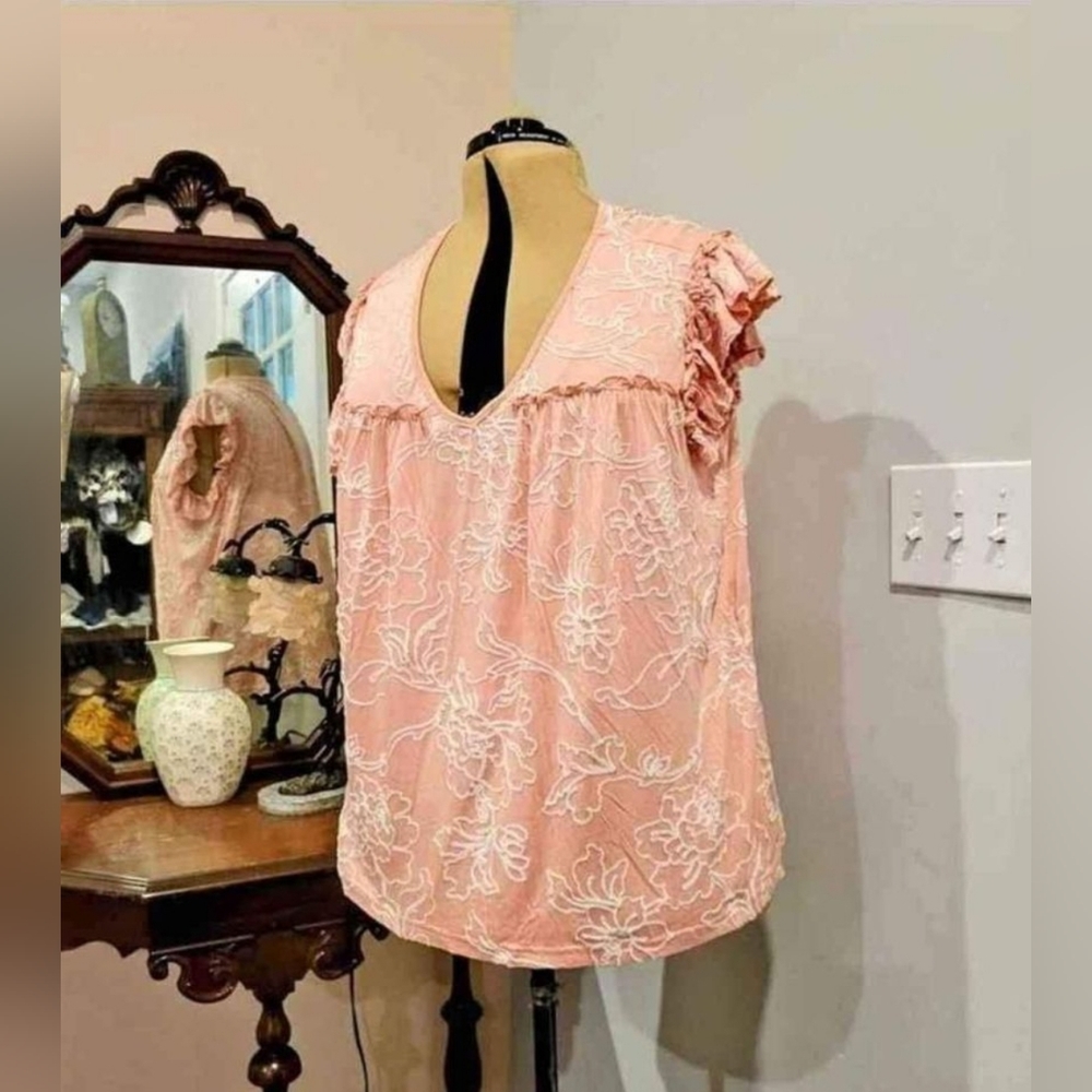 NWT 1X LIV Pink Embroidered Ruffly Pink Blouse